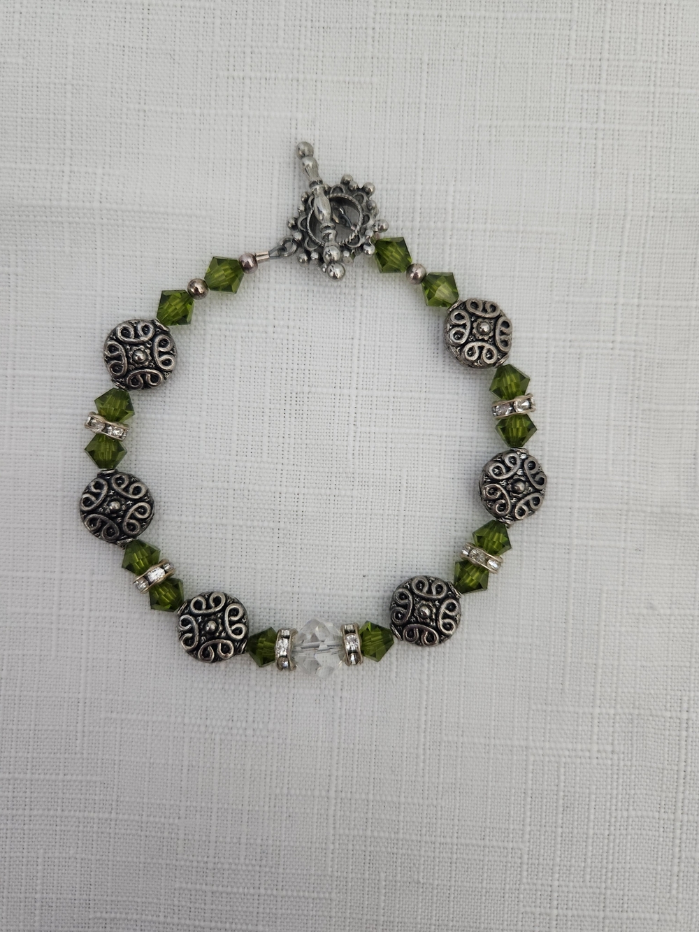 Olive Crystal & Silver Accent Toggle Bracelet
